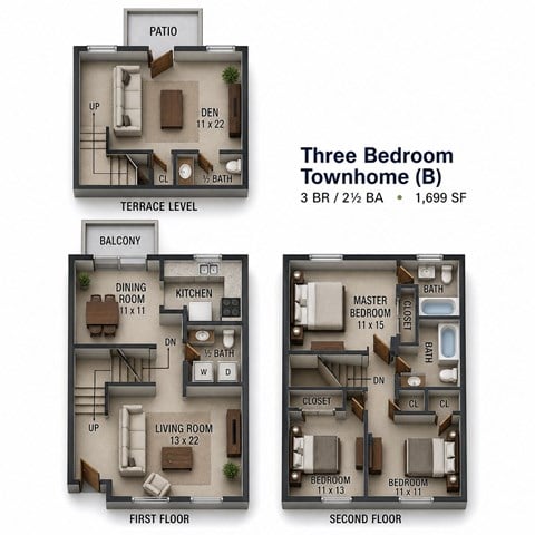 Floor plan for 3 beds, 2.5 baths, 1699 sqft